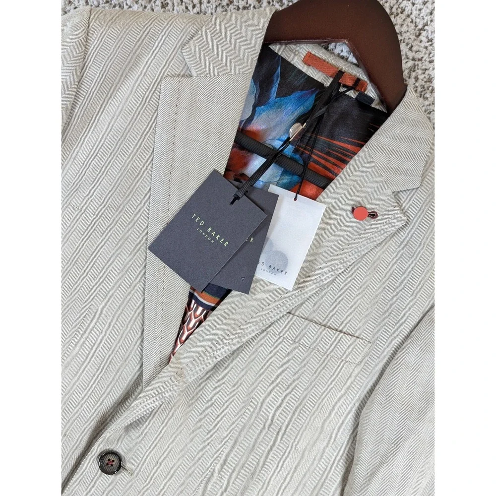 Ted Baker Linen Blend Sport Coat Size 1‎ 34R Herringbone Gray NWT